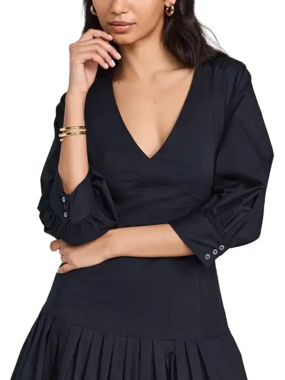 cinq a sept Navy V-Neck Puff Sleeve Mini Dress with Pleated Skirt